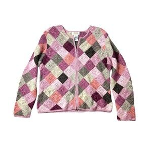 Vintage Talbots Petites Pink Granny Square Zip Cardigan Sweater  Size M  Preppy